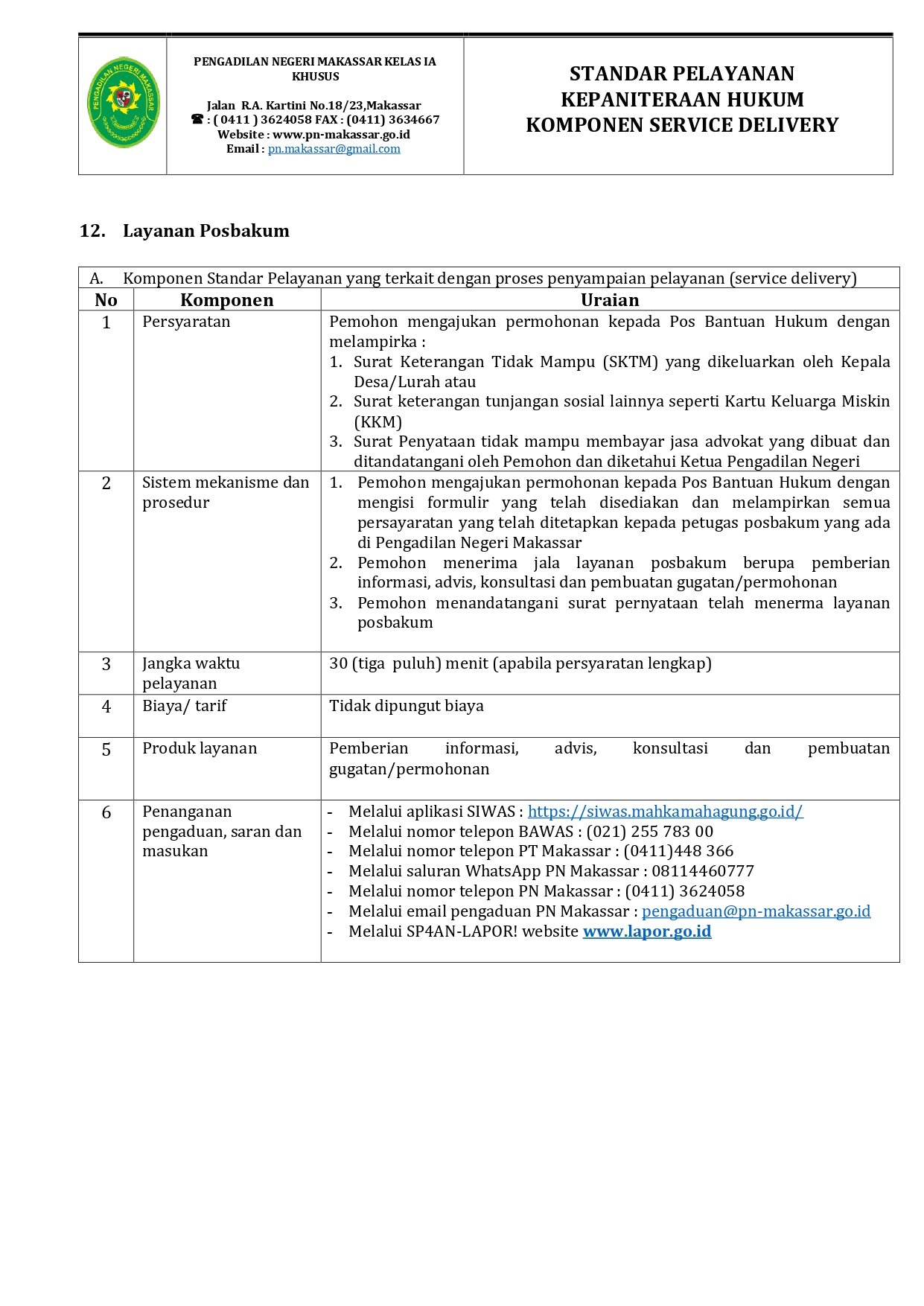 12 Hukum Layanan Posbakum